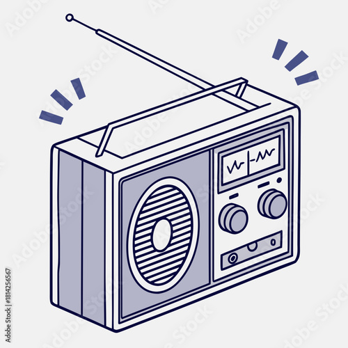 Isometric illustration of a portable radio with sound waves vintage radio retro