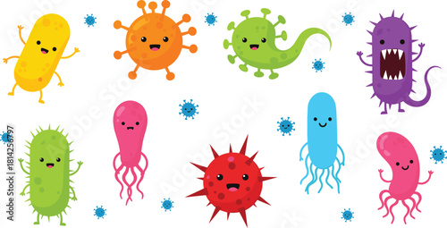 Cartoon microbes and bacteria, colorful germs, virus characters, microbiology illustration, educational science clipart, vector pathogen set