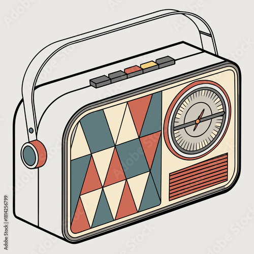 Retro Portable Radio with Geometric Pattern and Dial vector illustration