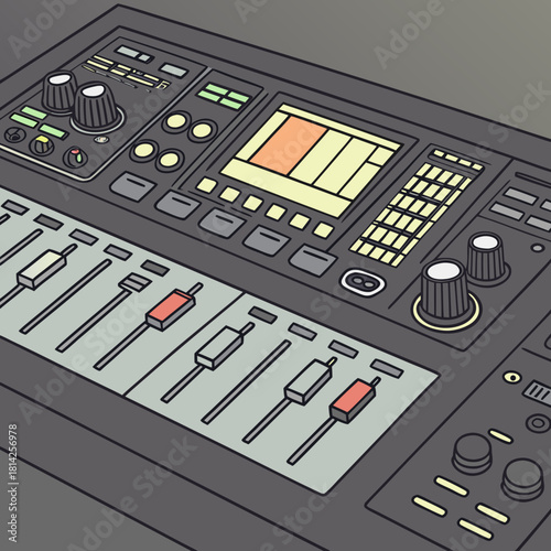 Professional Audio Mixing Console with Faders and Knobs Keywords: audio mixer, mixing console