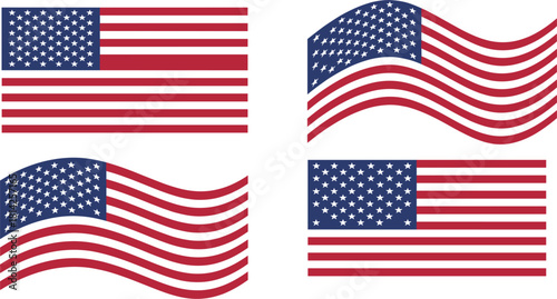 American flag vector set, United States national banner collection, US flat and waving patriotic symbols, independence, freedom, and democracy graphics