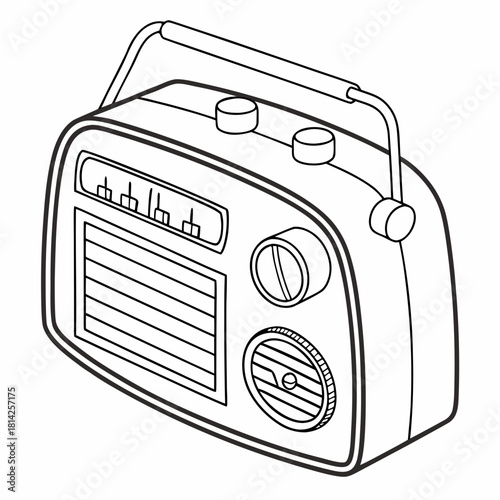 Outline Drawing of a Small Vintage Portable Radio with Knobs and Antenna device audio