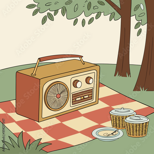 Vintage radio on picnic blanket with food containers under tree outdoor