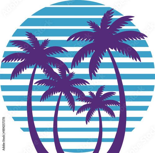 Retro 80s vaporwave palm tree silhouettes and striped sun circle vector, vintage tropical beach sunset aesthetic, synthwave and Miami Vice graphic