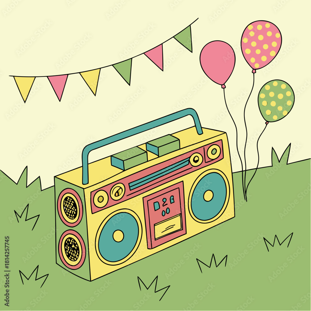 Obraz premium Colorful Boombox with Balloons and Party Bunting on Grass radio music