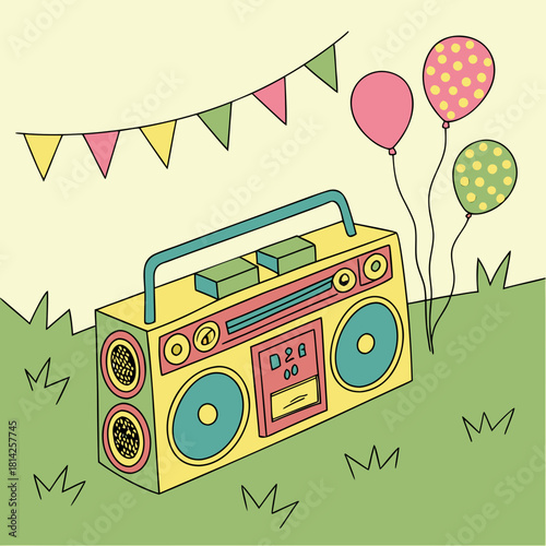 Colorful Boombox with Balloons and Party Bunting on Grass radio music