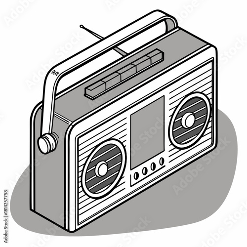 Isometric Black and White Illustration of a Vintage Boombox radio music