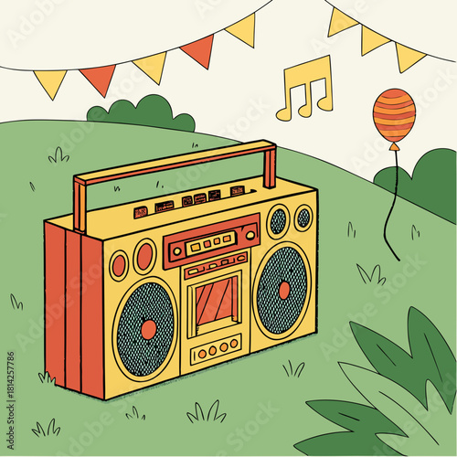 Retro Boombox with Party Decorations in a Grassy Outdoor Setting radio music