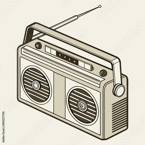 Sepia Toned Isometric Drawing of a Retro Boombox radio music