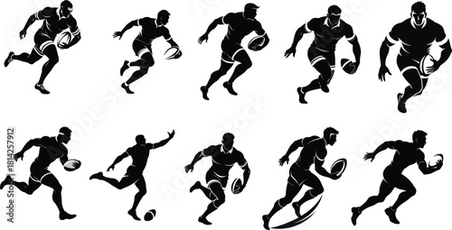 Rugby Player Silhouette Collection - Black Vector Illustrations of Rugby Athletes Running with ball, Tackling in Action