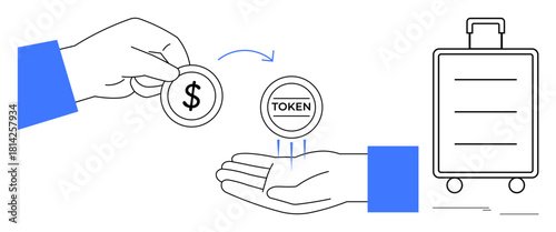 Hand exchanging money token into hand receiving token, connected luggage. Ideal for travel, payment, exchange, convenience, service, transaction, simple flat metaphor