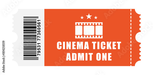A single orange cinema ticket with barcode and admit one text on a white background illustration
