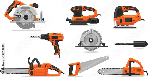 Cartoon power tools set, circular saw, chainsaw, drill, jigsaw, hand saw, belt sander, construction equipment, vector illustration, DIY gear