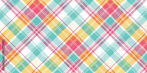 Colorful plaid pattern featuring vibrant pink, yellow, aqua, and white hues.