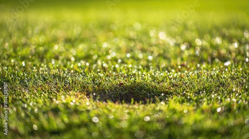 tennessine. Fresh divot mark on golf course turf with upturned grass and morning dew. real-estate listings, architecture portfolios, designed for interior renovation comparisons for interiors.