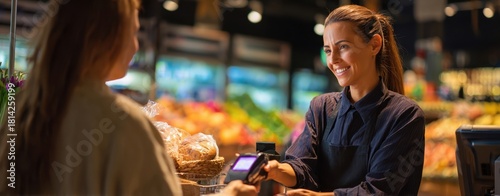 The Cashier Assisting a Customer With Contactless Payment at a Bright Grocery Checkout