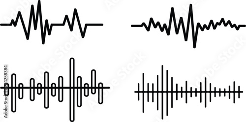 Sound wave black line vector set, audio equalizer, music frequency, heartbeat pulse, or radio signal symbols collection for media, technology, and health graphics