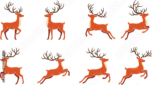 Cartoon reindeer poses, festive deer, jumping, standing, antlers, winter animal, holiday illustration, vector set, cute wildlife, seasonal clipart
