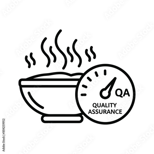 Quality assurance icon with a steaming bowl of food and a gauge, symbolizing food safety and standards