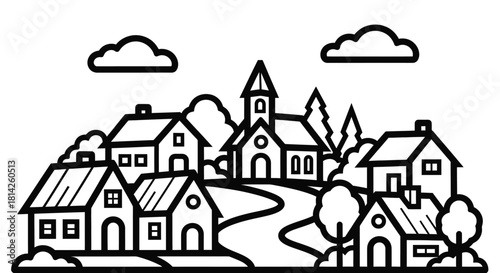 Charming Village Illustration with Homes and Church