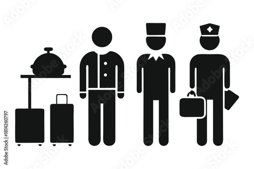 Black icon silhouettes depict hotel staff and their luggage services on a transparent background