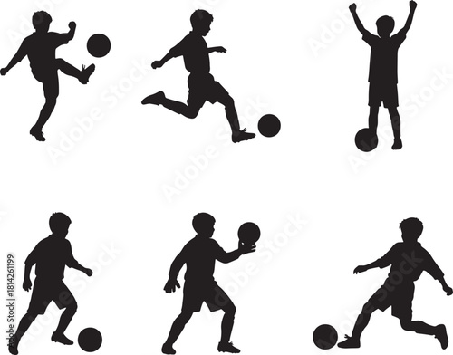 Kids Playing Football Soccer Silhouette Vector Set