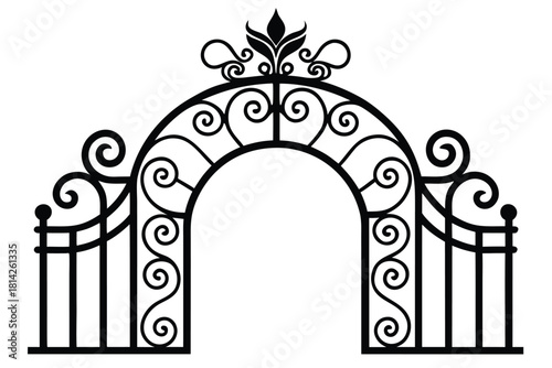 Black wrought iron gate with floral accents in an archway design shows transparent background