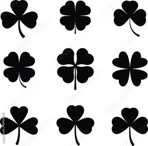 Clover and shamrock black silhouette icon set, vector collection of lucky four-leaf and three-leaf symbols for St. Patrick's Day and Irish luck concepts