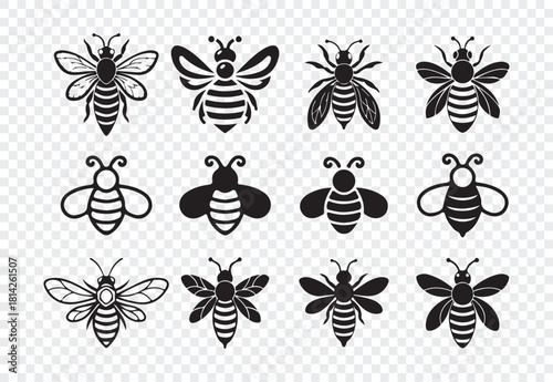 Set of various bee icons isolated on transparent background vector illustration for bee logo