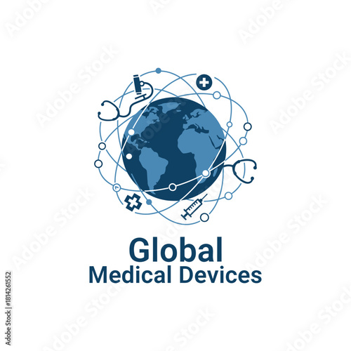 A global medical logo featuring a world map surrounded by interconnected healthcare icons, symbolizing innovation, worldwide care, and advanced medical device solutions.