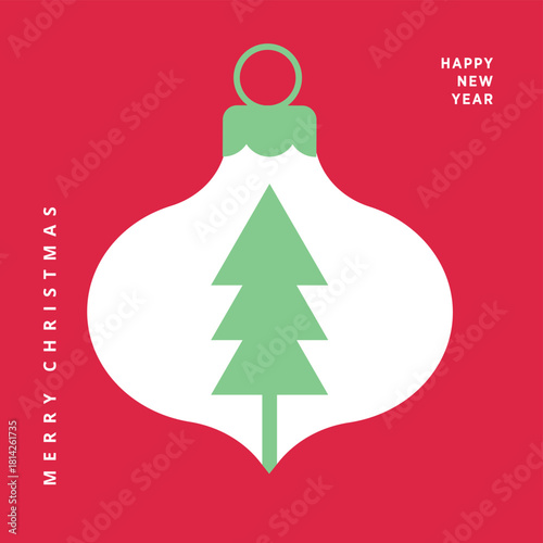 Merry Christmas and Happy New Year Greeting Card Featuring a Stylized Christmas Tree Ornament