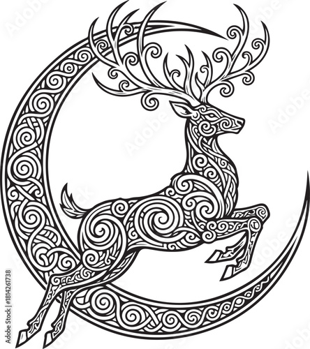 Ornate celtic deer leaping over moon with intricate knot design