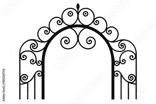 Intricate wrought iron archway showcases artistic swirls and geometric patterns against a transparent background