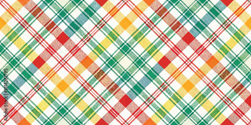 Vibrant plaid pattern with a mix of red, green, yellow, and orange hues, perfect for seasonal designs.