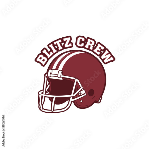 A bold maroon football helmet with strong outlines, capturing the competitive spirit, teamwork, and toughness embodied by the Blitz Crew.