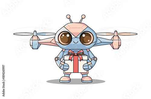 Adorable robot drone delivering a special gift with a bow, perfect for birthdays or holidays, creating joy and excitement for kids and technology enthusiasts