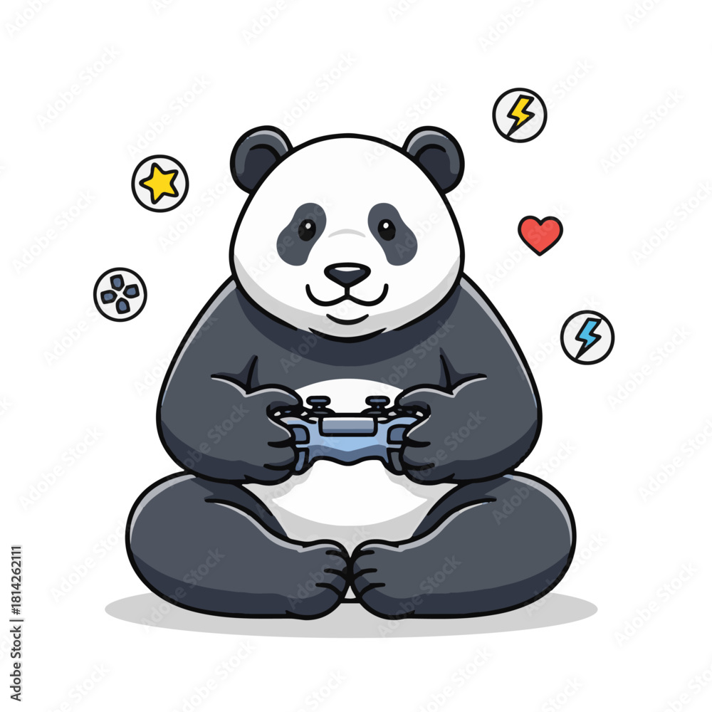 Obraz premium Playful panda cartoon character holding a game controller, surrounded by gaming icons, ideal for children's content, animal lovers, gaming promotions, and fun social media posts