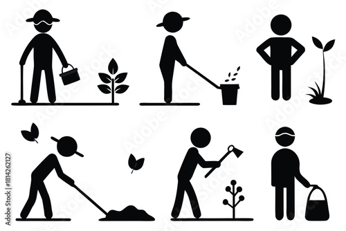 Six silhouette gardeners planting, hoeing, seeding and carrying bucket doing gardening in one transparent background