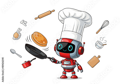 Adorable robot chef preparing delicious pancakes with kitchen utensils, perfect for culinary technology and future cooking concepts, great for kids and food industry innovations