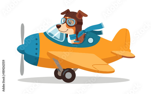 Adorable cartoon dog ready for adventure wearing aviator goggles and scarf next to a charming toy airplane, perfect for kid's designs or playful creative projects