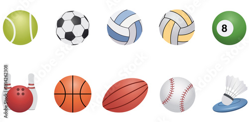 A collection of various sports equipment including balls and shuttlecock on a white background