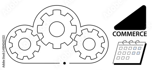 Gear-infused cloud indicating technology integration, commerce icon, and calendar. Ideal for automation, e-commerce, planning, teamwork, digital transformation efficiency. Simplified flat metaphor