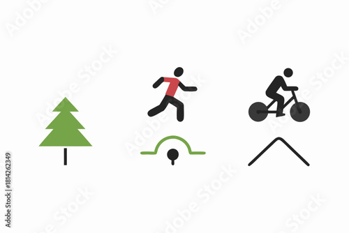 Symbols show a person running over a bridge, biking up a hill, and a pine tree