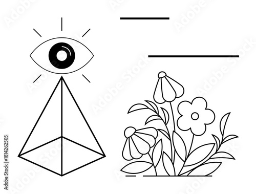 Geometric translucent pyramid beneath an all-seeing eye emitting rays next to a cluster of stylized flowers. Ideal for visions, spirituality, balance, growth, mystery, enlightenment, minimal flat
