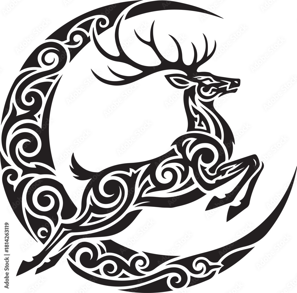 Obraz premium Stylized deer leaping within ornamental crescent moon graphic