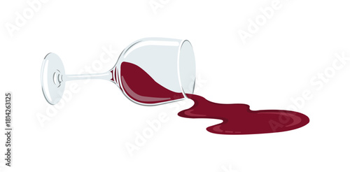 A wine glass tipped over with red wine spilling out onto a white surface in a cartoon style image