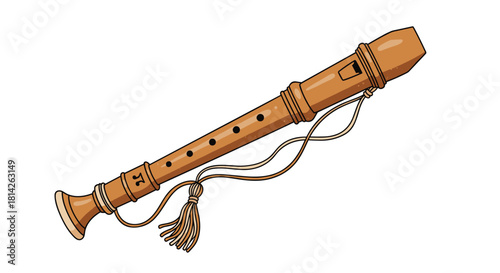 A wooden recorder musical instrument with a tasseled cord and holes for playing notes.