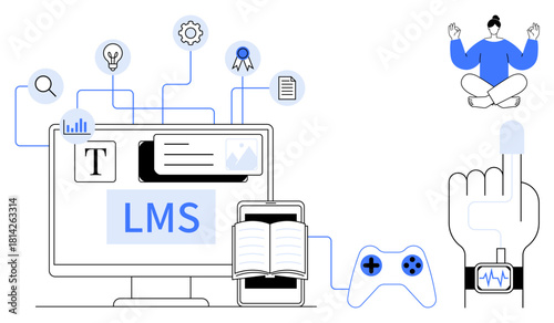 Computer with LMS interface, extending to book, game controller, mobile apps, smartwatch, and meditating person. Ideal for education, e-learning, technology mindfulness productivity connectivity