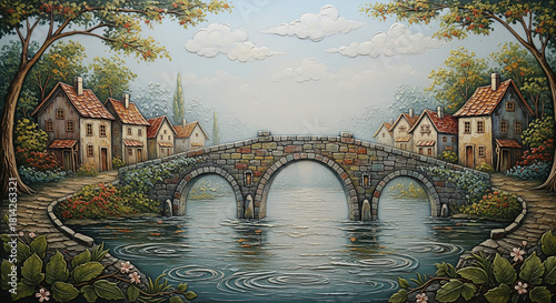 3D Oil-Relief Wall Mural of River Village with Wooden Cottages and Trees, Wall Decor Canvas Painting Design, 3D Oil-Relief Wallpaper, 3D Mural Wallpaper, 3D Wall Mural Design.