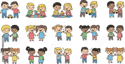 Children social interaction, cartoon kids, emotional expression, sharing toys, helping friends, arguing, comforting, cooperation, empathy, communication, playful behavior